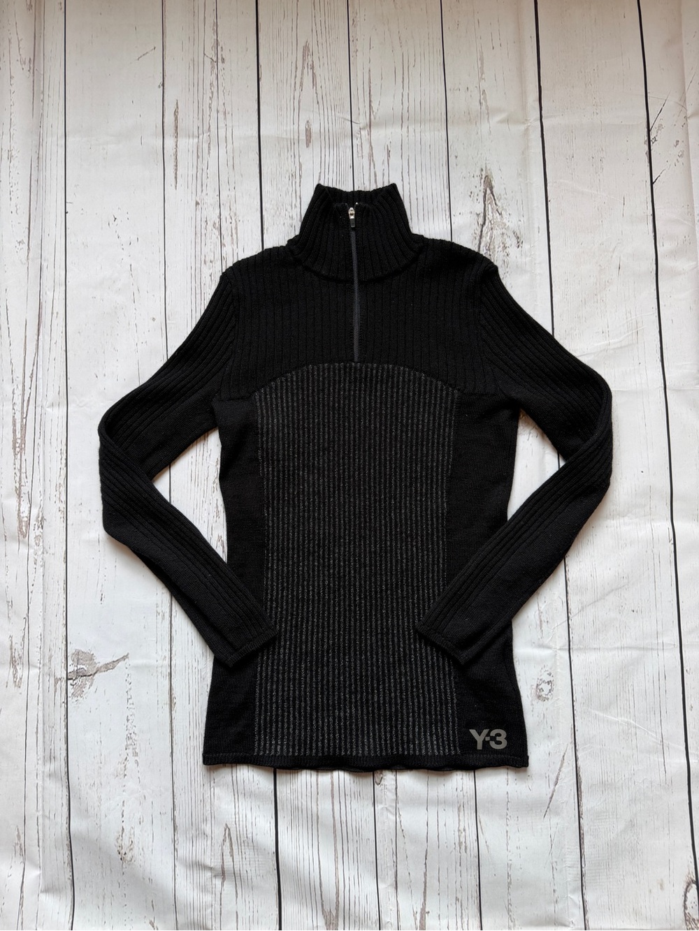 Y-3 Black Ribbed Half-Zip Turtleneck Sweater reflective wool blend